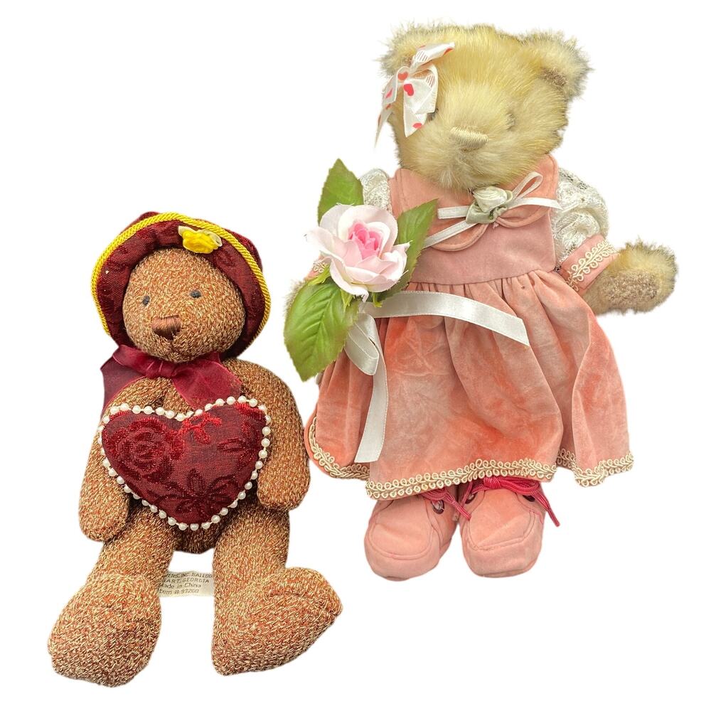 Vtg By Flowers Inc, Ballons plush bear in pink dress & another with red hat love